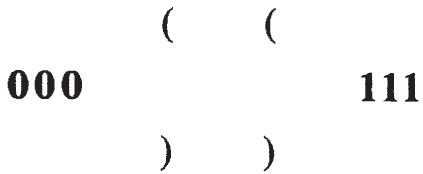 The diagram consists of two bold labels, 000 on the left and 111 on the right. Between them, there are pairs of curved parentheses arranged symmetrically, but no connecting lines or arrows.