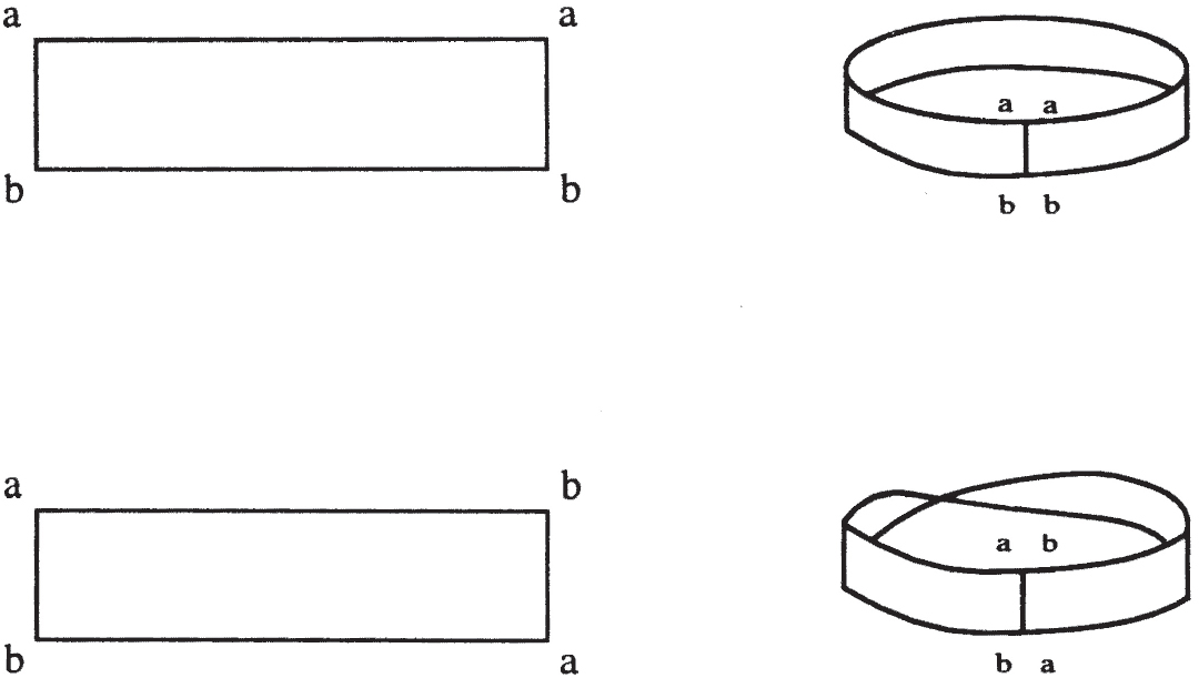 Two diagrams on the left depict labeled rectangular strips, one with aligned edges and one with reversed edges. Corresponding diagrams on the right show the strips forming loops, one as a cylinder and the other as a twisted Möbius strip. Labels “a” and “b” mark corresponding points on each structure.