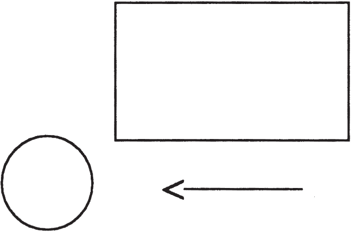 A circle is positioned on the left, with a rectangular shape on the right. An arrow points toward the circle. The arrow is placed horizontally below the rectangle.